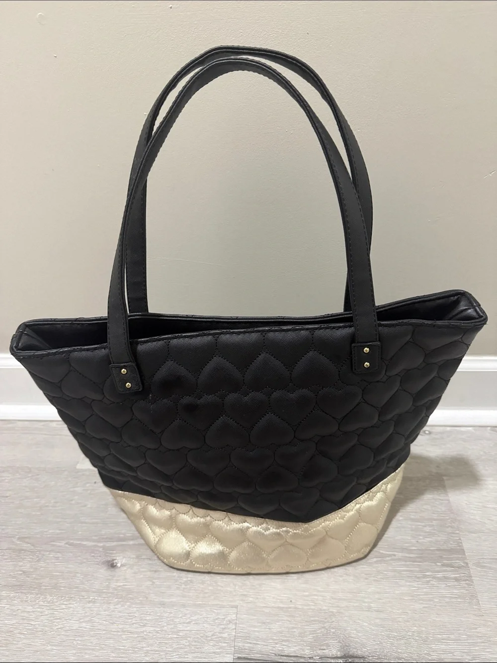 Betsey Johnson Black and Gold Quilted Heart Tote